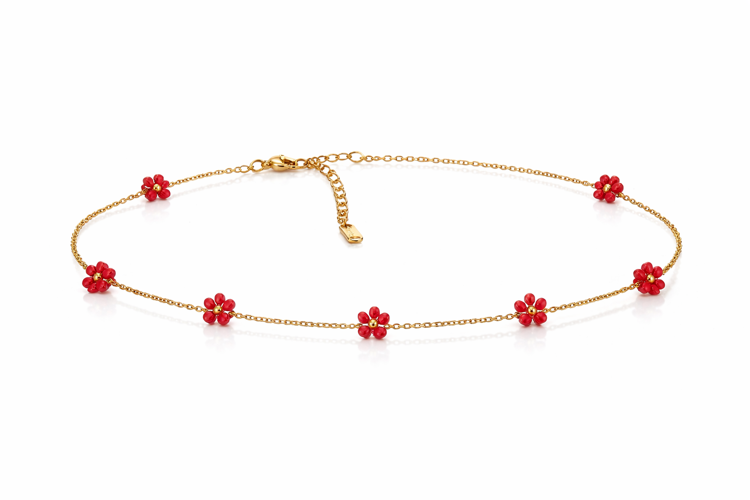 Collier “Petites Fleurs Rouges” – Chaîne Dorée