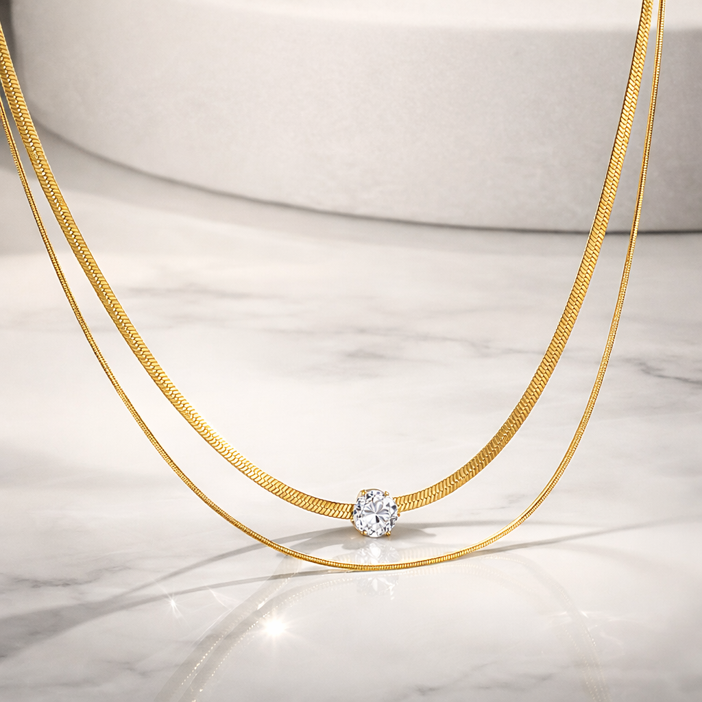 Collier double chaîne doré  – zircon brillant