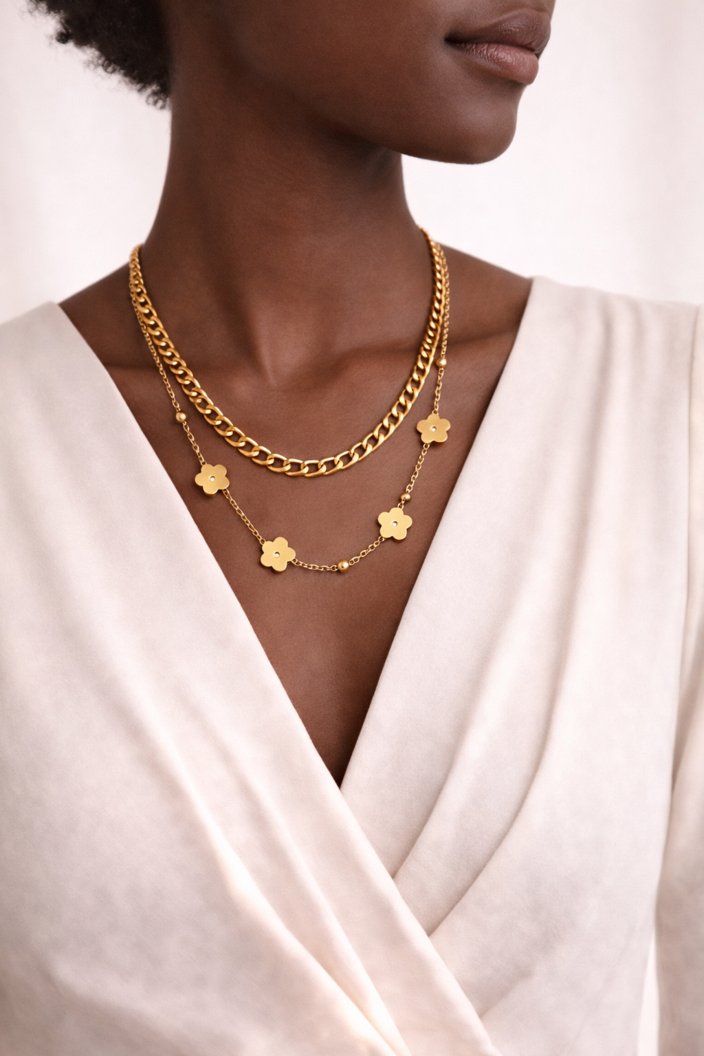 Collier Double Doré — Fleurs
