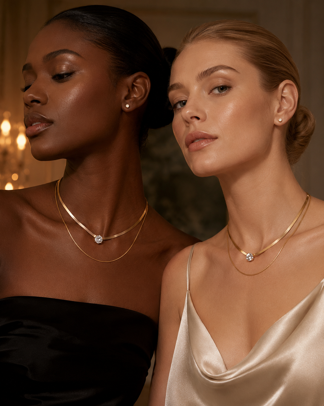 Collier double chaîne doré  – zircon brillant