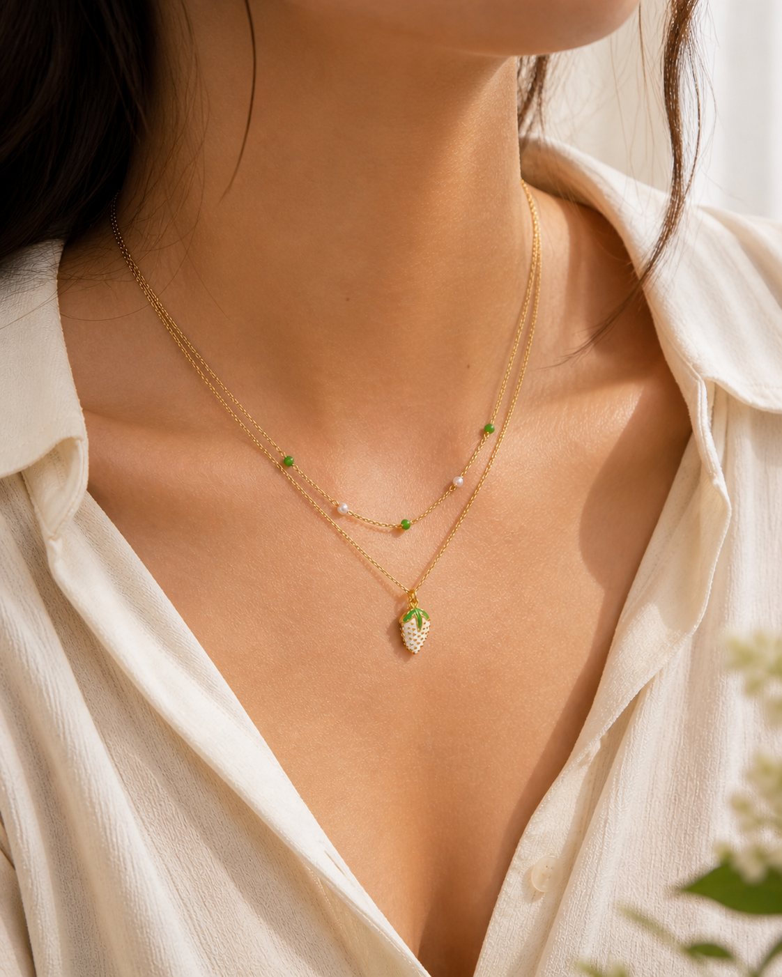 Collier Fraise Perle verte
