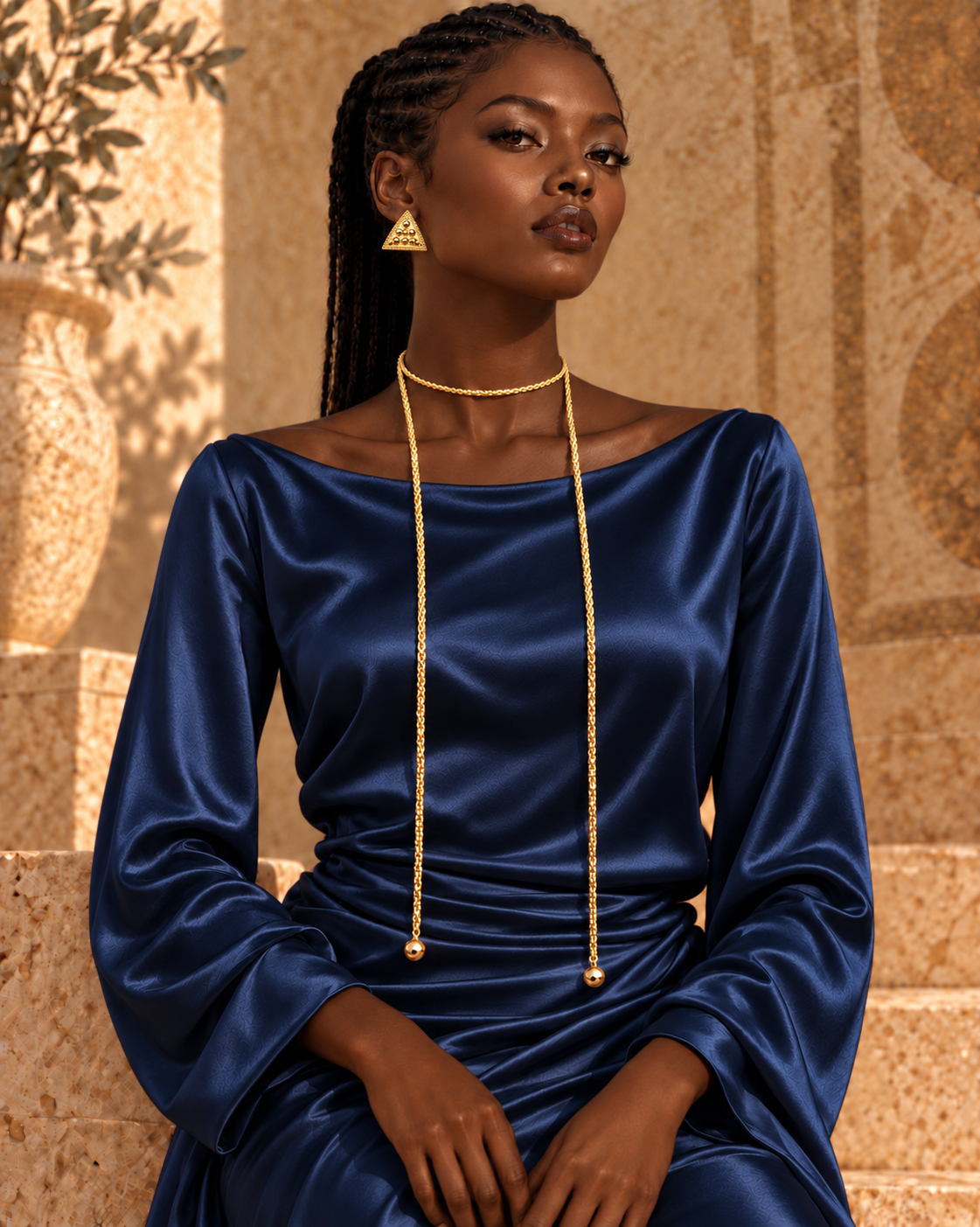 Boucles Triangles Dorés portées avec le collier Candide et une robe bleu nuit